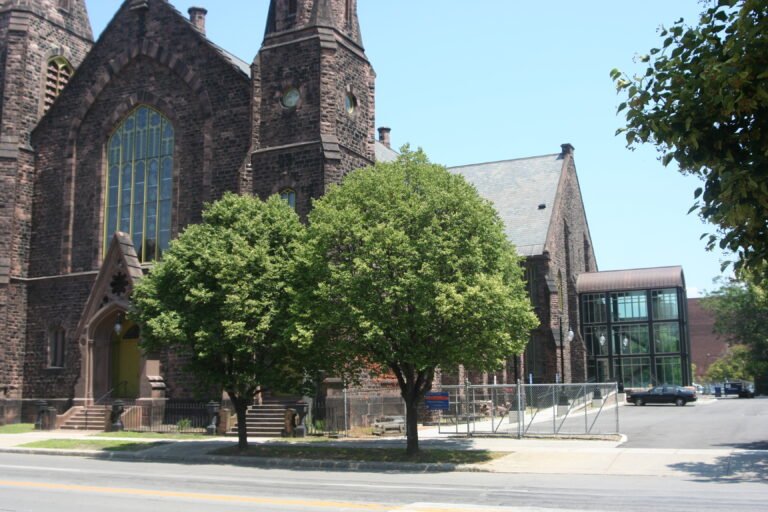 Asbury Hall at Babeville exterior showing Gothic Revival architecture and Medina sandstone in Buffalo NY