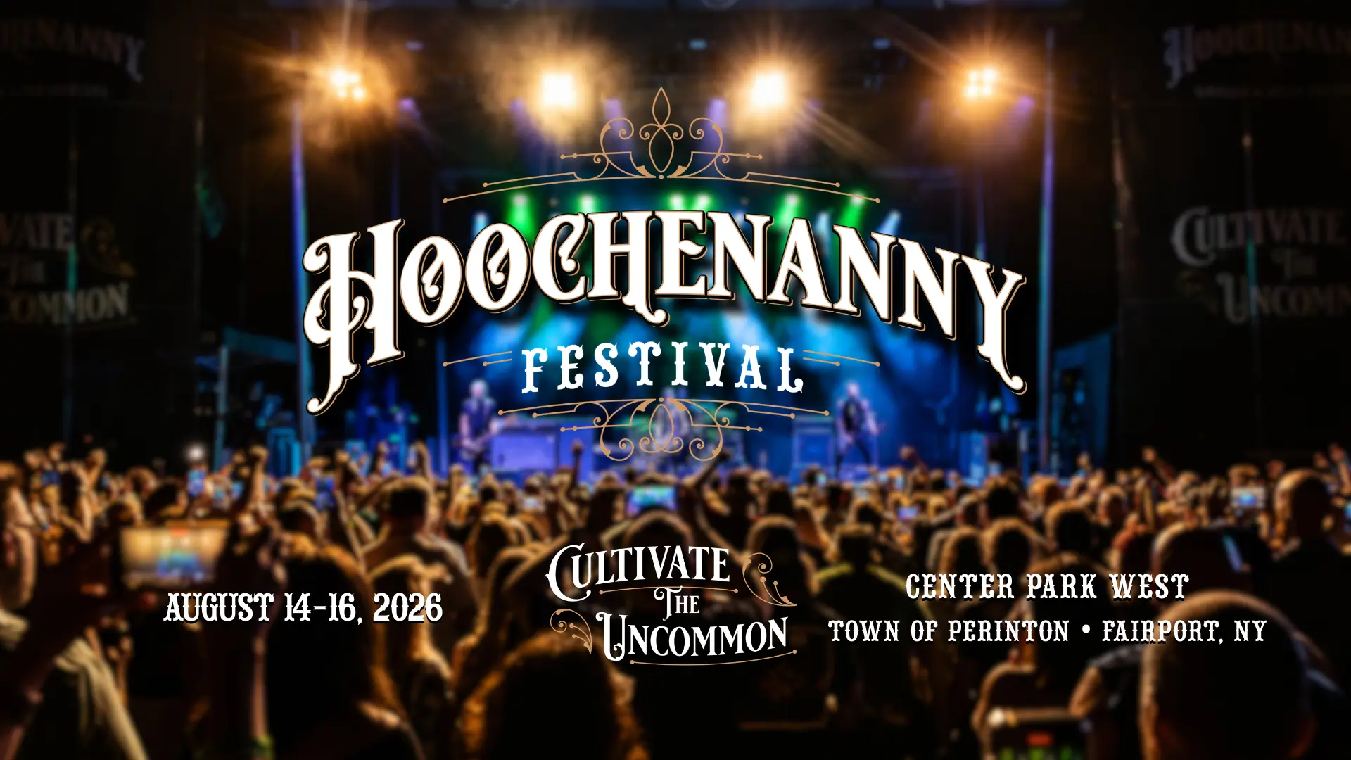 Hoochenanny Festival 2026 concert crowd and stage at Center Park West in Fairport NY
