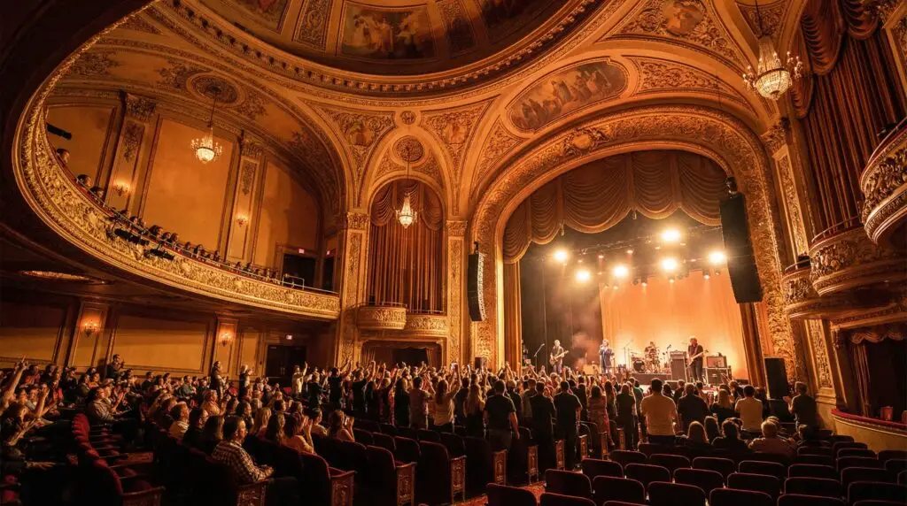 Live music inside an ornate historic theater in Albany NY with gilded balconies