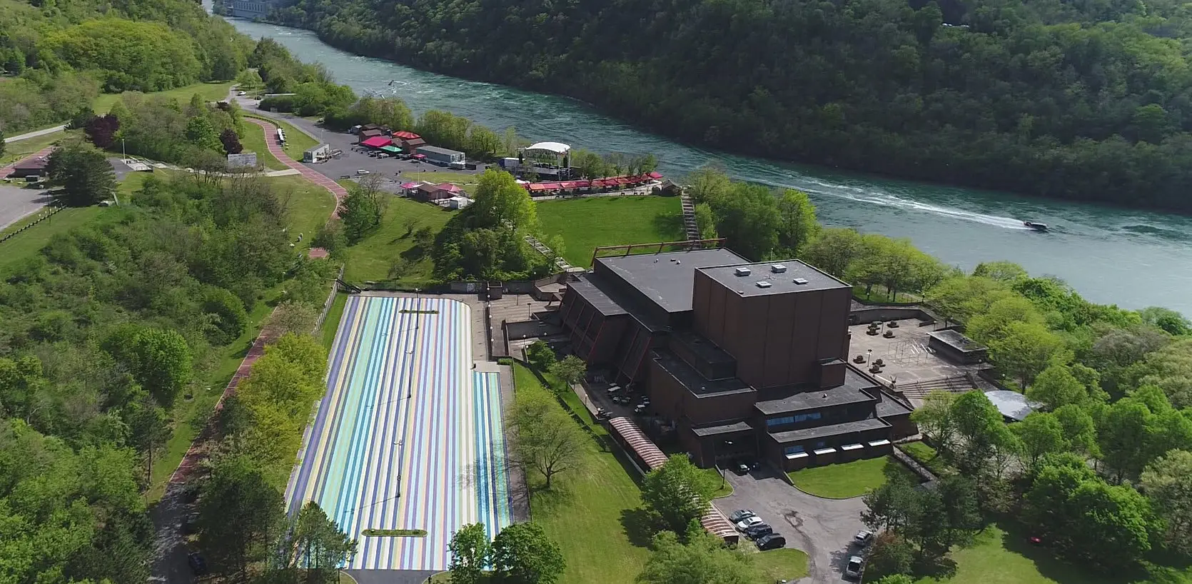 Aerial view of Artpark mainstage theater and grounds along the Niagara River in Lewiston New York