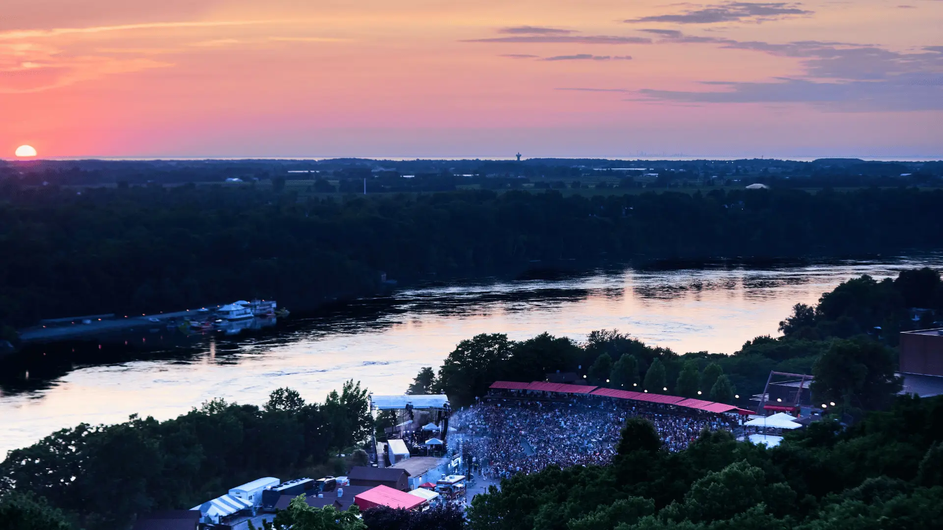 Artpark outdoor amphitheater at sunset during a summer concert overlooking the Niagara River Gorge in Lewiston New York