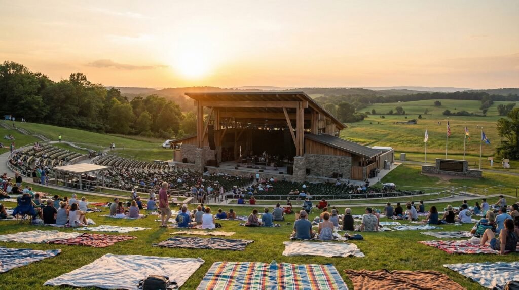 Hillside amphitheater at sunset with concertgoers on blankets overlooking rolling green hills