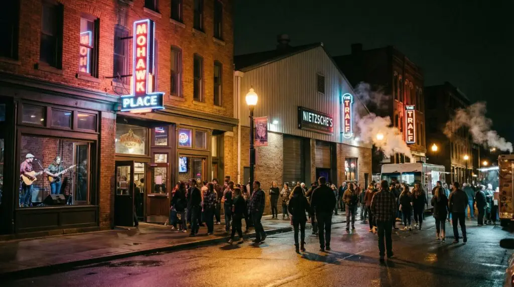Vibrant Buffalo New York entertainment district at night with neon-lit music venues and crowds