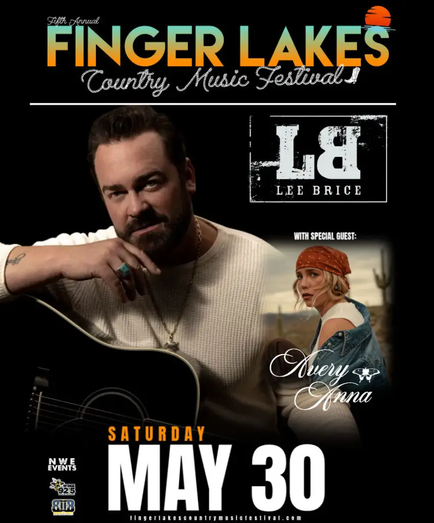 Finger Lakes Country Music Festival 2026 poster featuring Lee Brice with Avery Anna