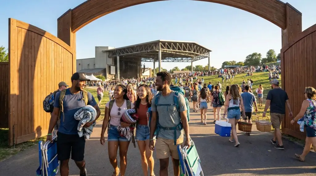 Friends carrying blankets and lawn chairs arriving at an outdoor concert amphitheater