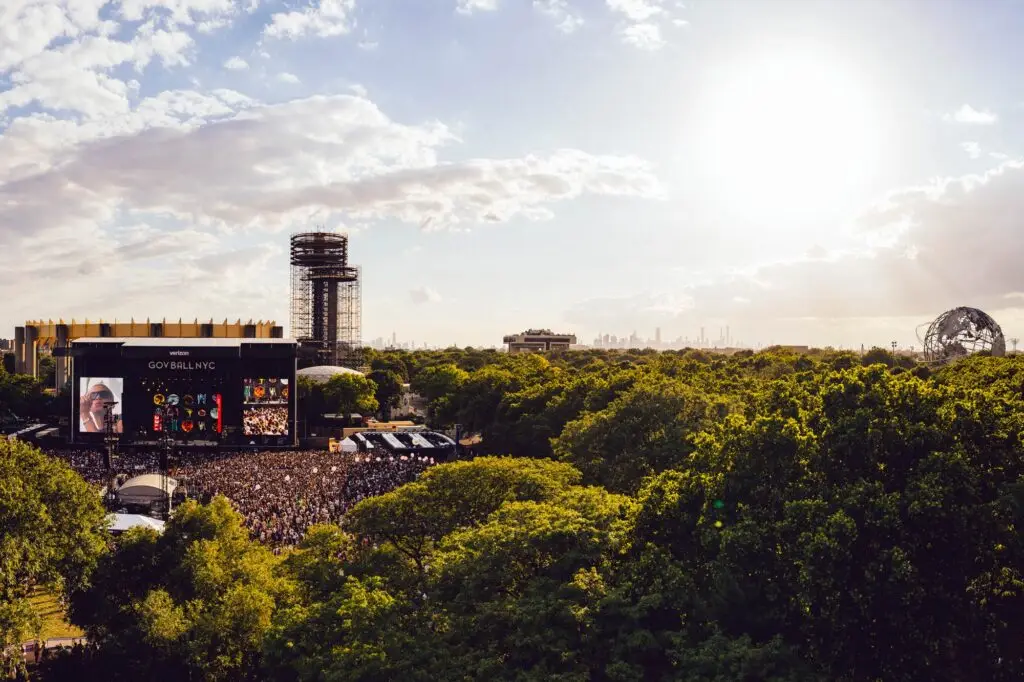 Aerial view of Governors Ball main stage and crowd at Flushing Meadows Corona Park in New York City