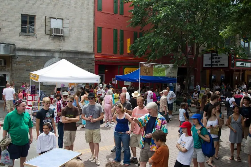 Crowds enjoying the Ithaca Festival on the downtown Ithaca Commons