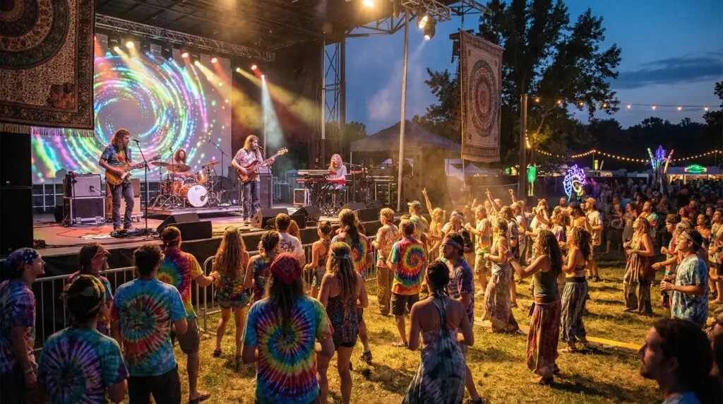 Jam band performing at outdoor festival with tie-dye fans dancing under colorful lights