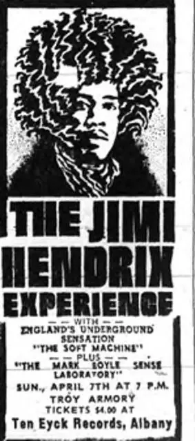 Jimi Hendrix Experience concert ad — Troy Armory, $4.00 tickets at Ten Eyck Records Albany, April 1968