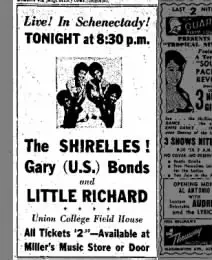 Little Richard / The Shirelles / Gary U.S. Bonds newspaper ad — Union College Field House Schenectady, April 30 1965, tickets $2.50