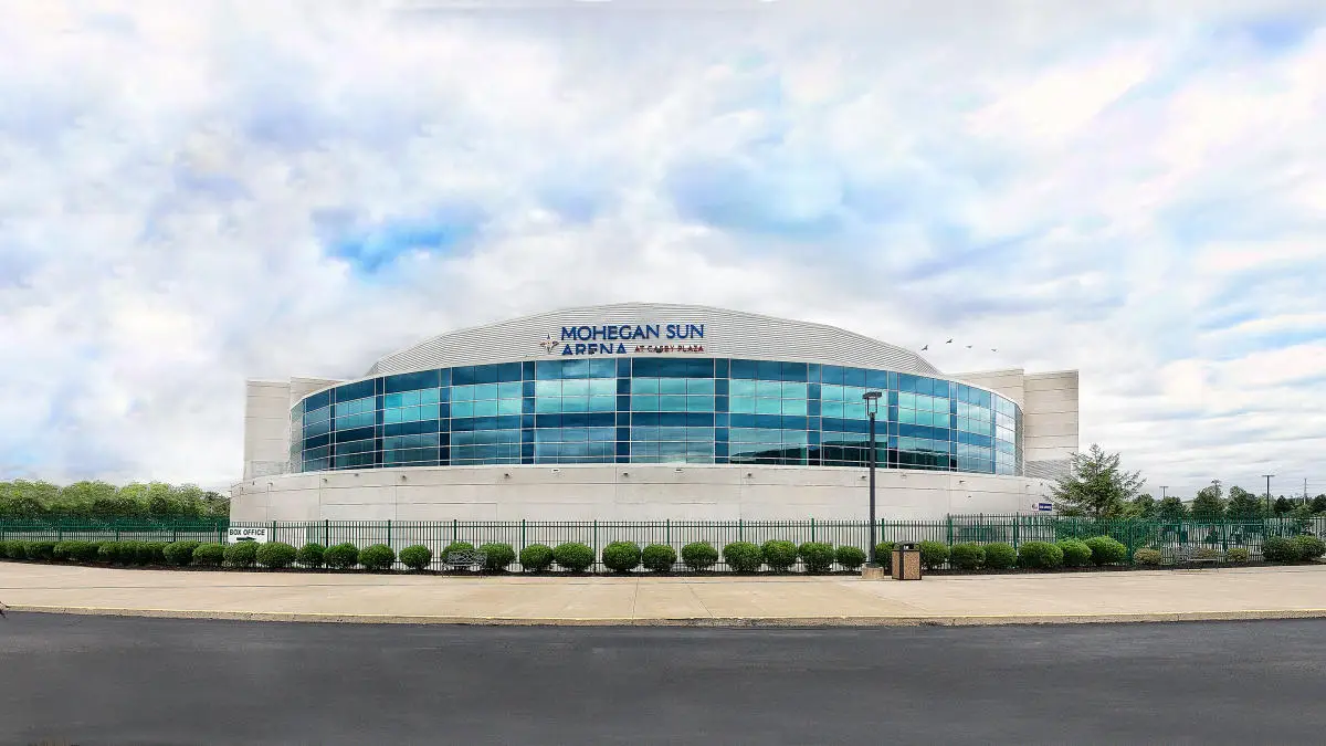 Exterior of Mohegan Arena at Casey Plaza showing the glass facade and arena signage in Wilkes-Barre Pennsylvania