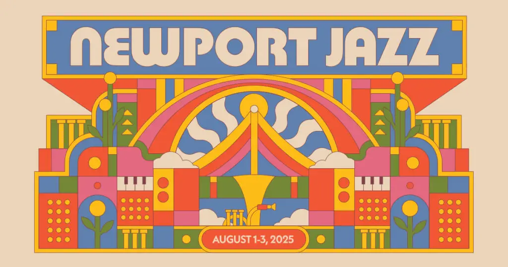 Newport Jazz Festival artistic poster featuring musical motifs and the Newport Bridge