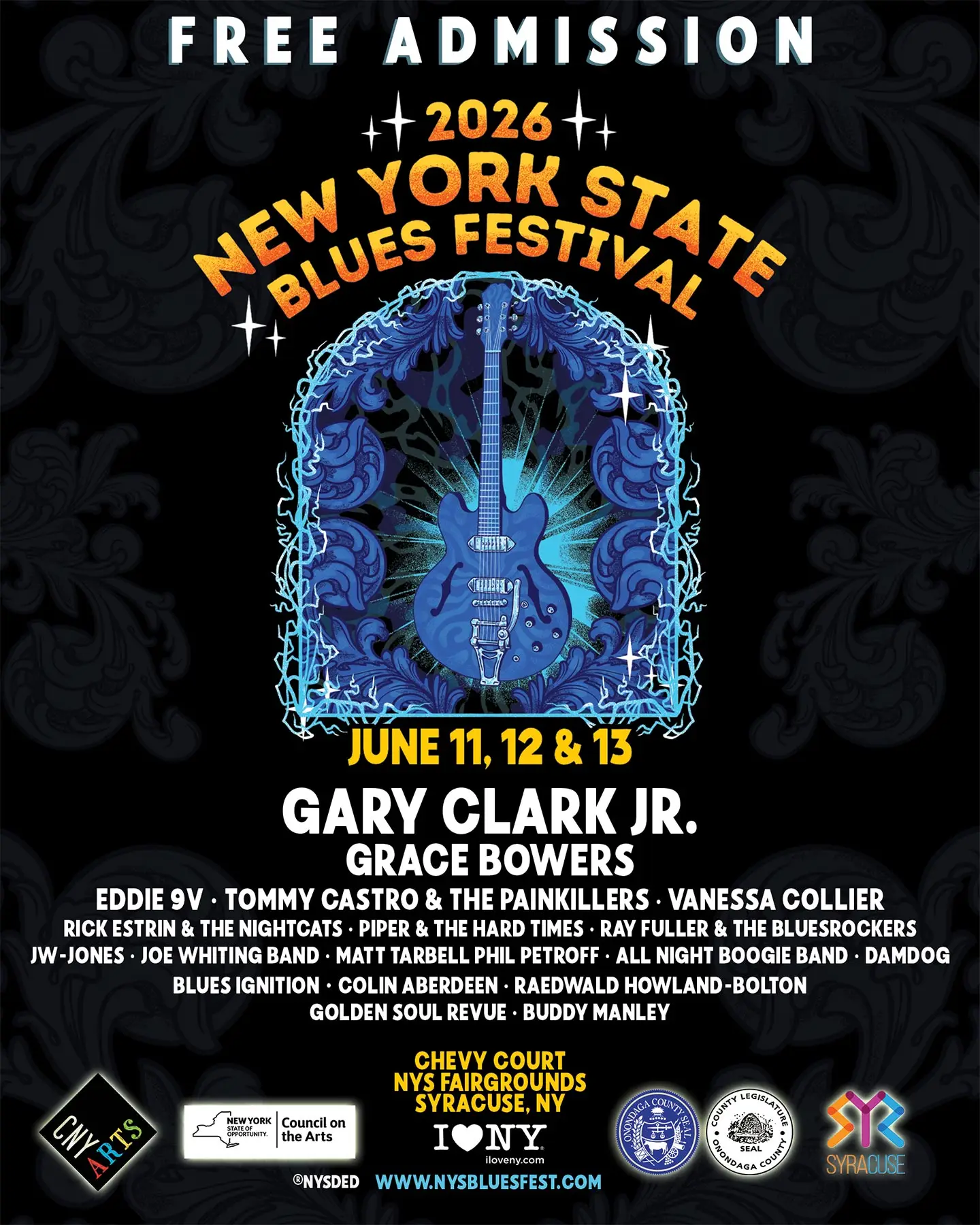 New York State Blues Festival 2026 poster at NYS Fairgrounds Syracuse