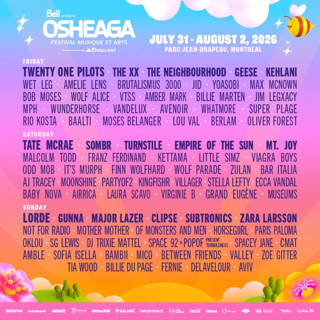 Osheaga 2026 festival lineup poster featuring three days of performances at Parc Jean-Drapeau in Montreal