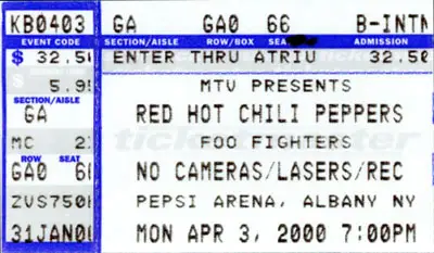 Red Hot Chili Peppers / Foo Fighters concert ticket, Pepsi Arena Albany, April 3, 2000 — GA admission, $32.50