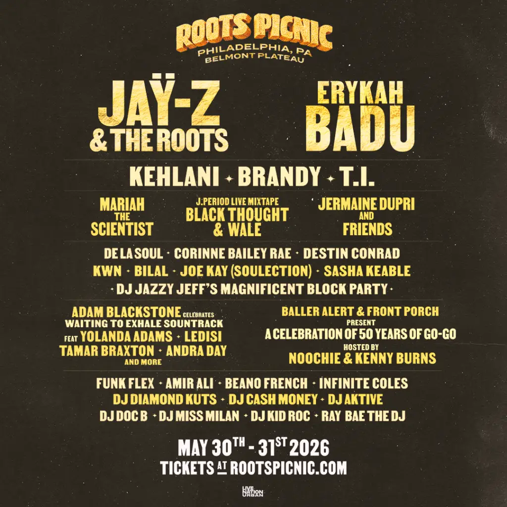 Roots Picnic 2026 lineup poster featuring headliners at Belmont Plateau in Philadelphia