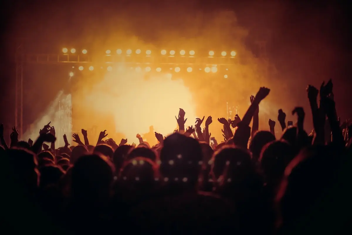 Audience with raised hands at a live music performance