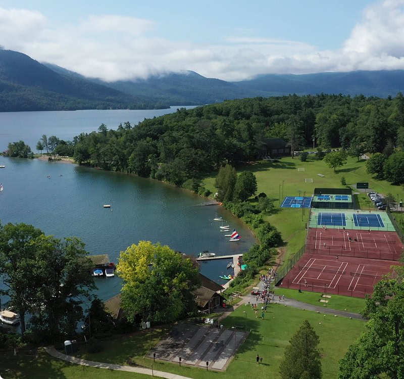 Aerial view of Silver Bay YMCA campus on the shore of Lake George in the Adirondacks