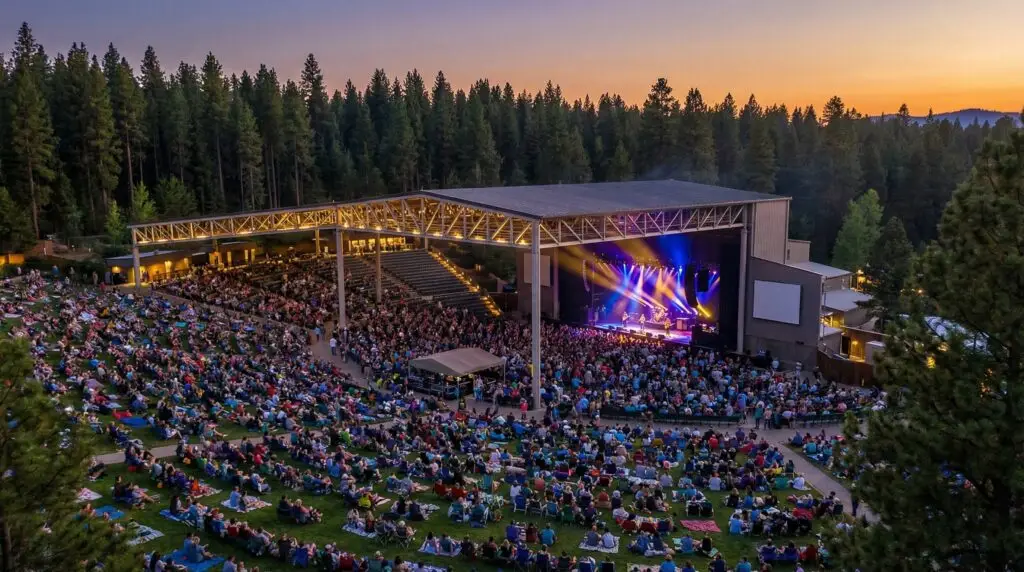 Aerial view of a large outdoor amphitheater surrounded by pine trees during a summer evening concert
