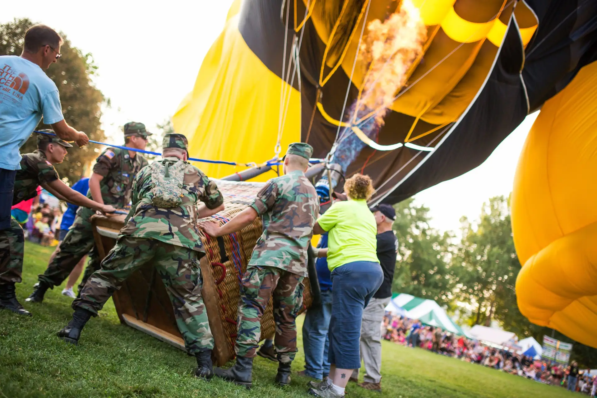 Hot air balloon being inflated at Spiedie Fest Balloon Rally Otsiningo Park Binghamton NY