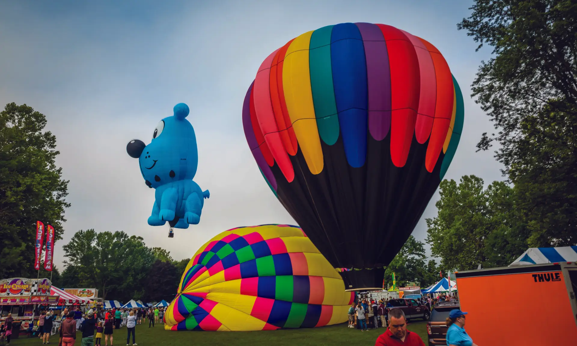 Colorful hot air balloons at Spiedie Fest Balloon Rally Otsiningo Park Binghamton NY
