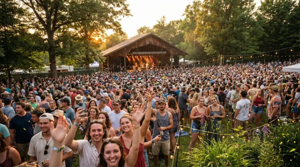 Crowd enjoying a summer evening concert at an outdoor amphitheater in Upstate New York with sunset lighting and string lights