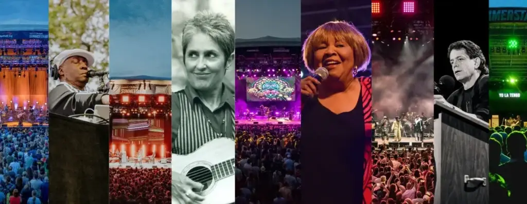 SummerStage 40th anniversary collage featuring performers at Rumsey Playfield in Central Park NYC