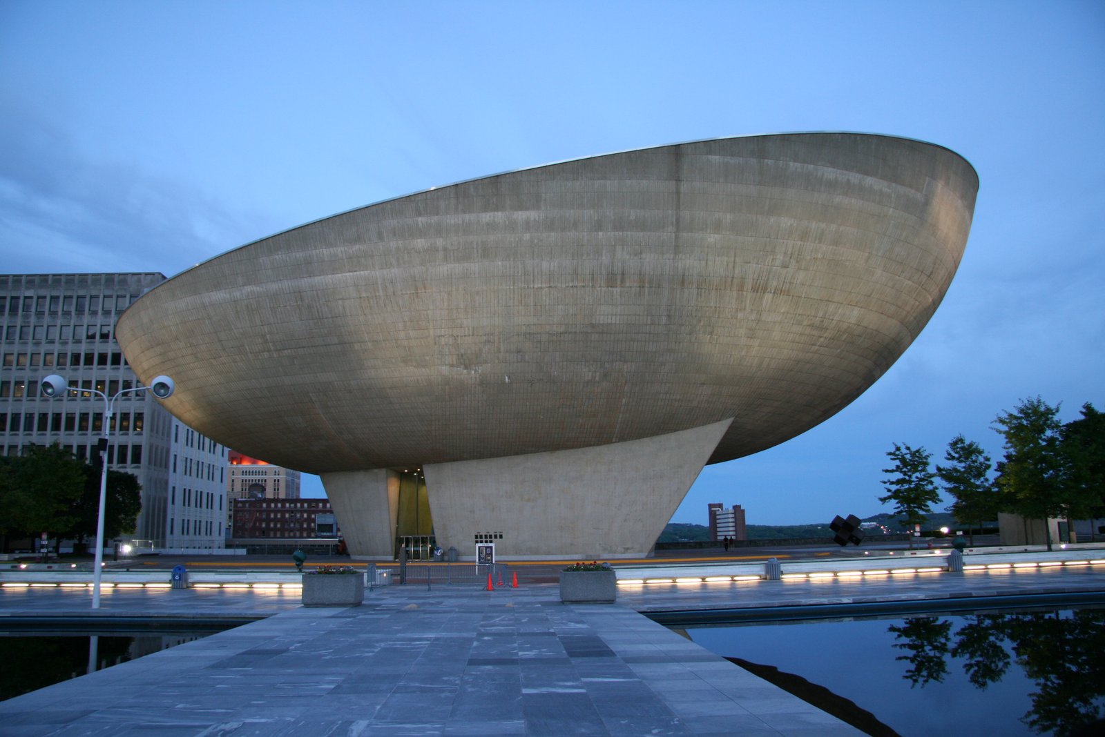 The Egg performing arts center illuminated at dusk at Empire State Plaza in Albany