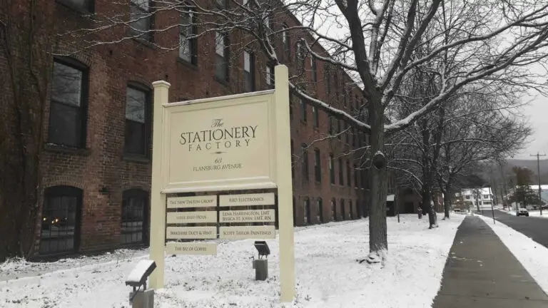 The Stationery Factory exterior in Dalton, Massachusetts, a converted red brick mill building