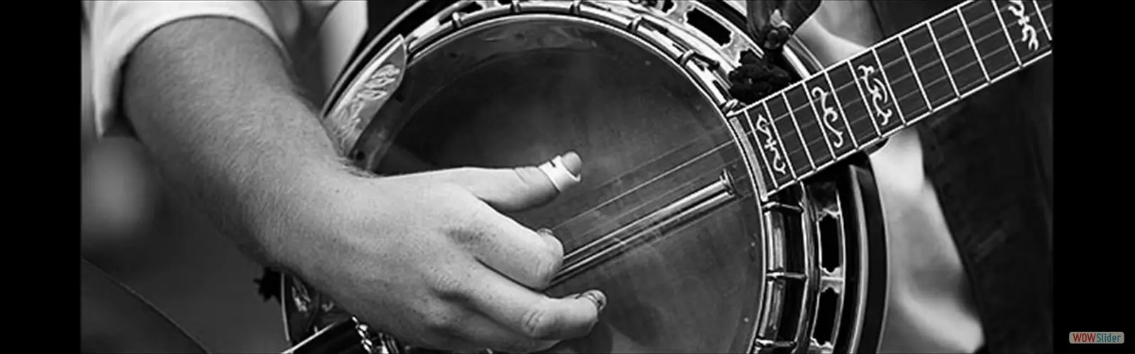Close-up of a musician playing banjo at the Thousand Islands Bluegrass Festival in Clayton, New York