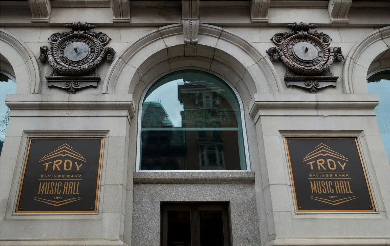 Troy Savings Bank Music Hall exterior facade with arched window and venue signage in Troy New York