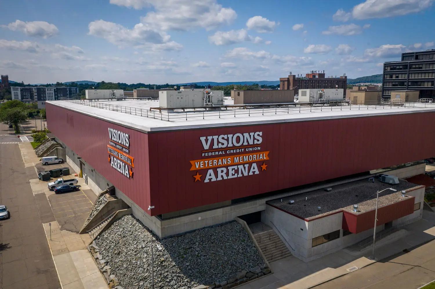 Visions Veterans Memorial Arena exterior aerial view in downtown Binghamton New York
