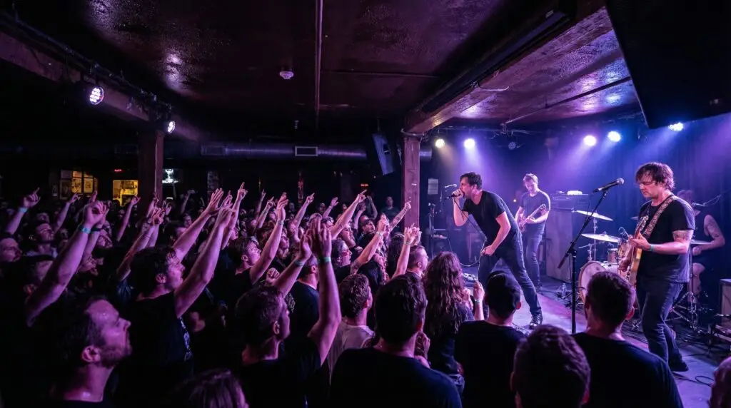 Energetic crowd at an intimate indoor concert venue with purple and blue stage lighting