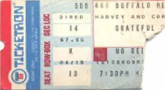 Grateful Dead ticket stub, War Memorial Auditorium Buffalo, May 9, 1977