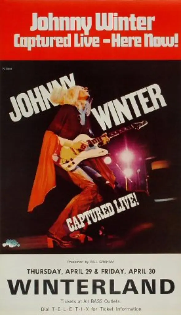 Johnny Winter — Captured Live! Bill Graham concert poster, Winterland, April 1976, same Captured Live tour