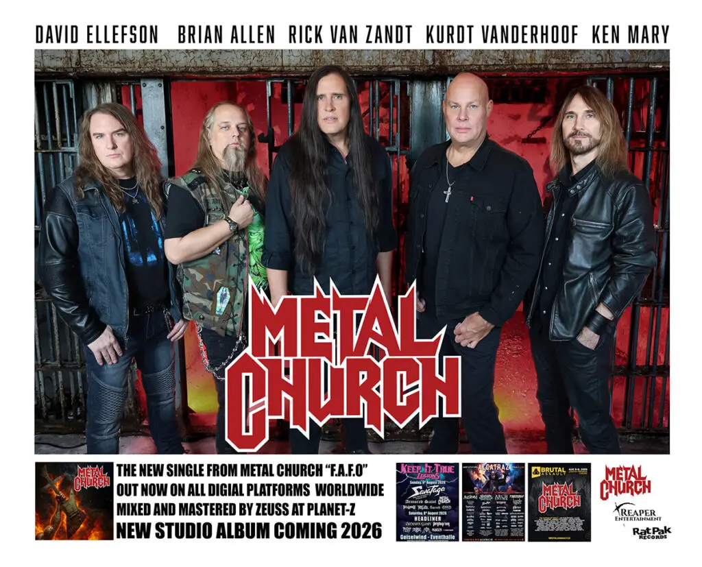 Metal Church performing live — David Ellefson, Brian Allen, Rick Van Zandt, Kurdt Vanderhoof, Ken Mary