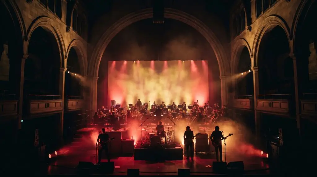 Rock band and symphony orchestra performing together on a concert stage with dramatic amber and red lighting