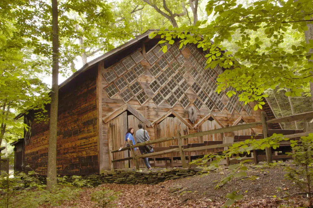 Maverick Concert Hall in Woodstock NY — historic hand-built wooden chamber music hall with gambrel roof