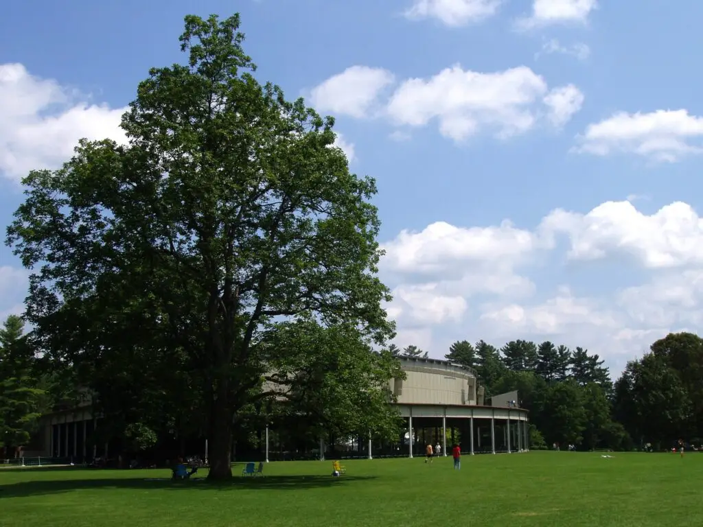 The Koussevitzky Music Shed at Tanglewood in Lenox Massachusetts with its sweeping open-air lawn