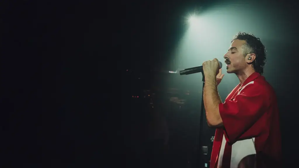 anees performs live on stage, singing into microphone under dramatic stage lighting