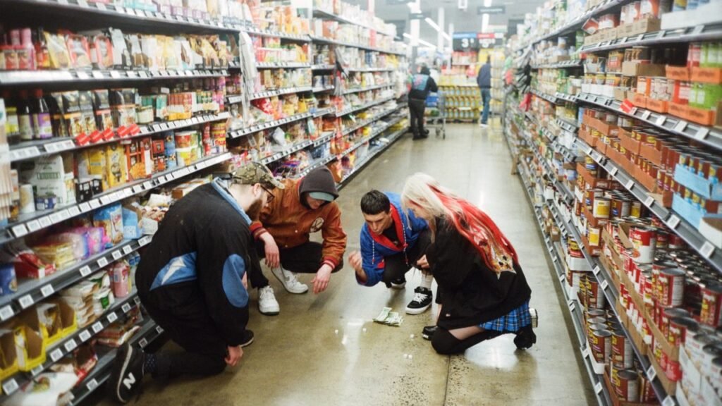 They Are Gutting a Body of Water (TAGABOW) band photo — four members crouched in a grocery store aisle