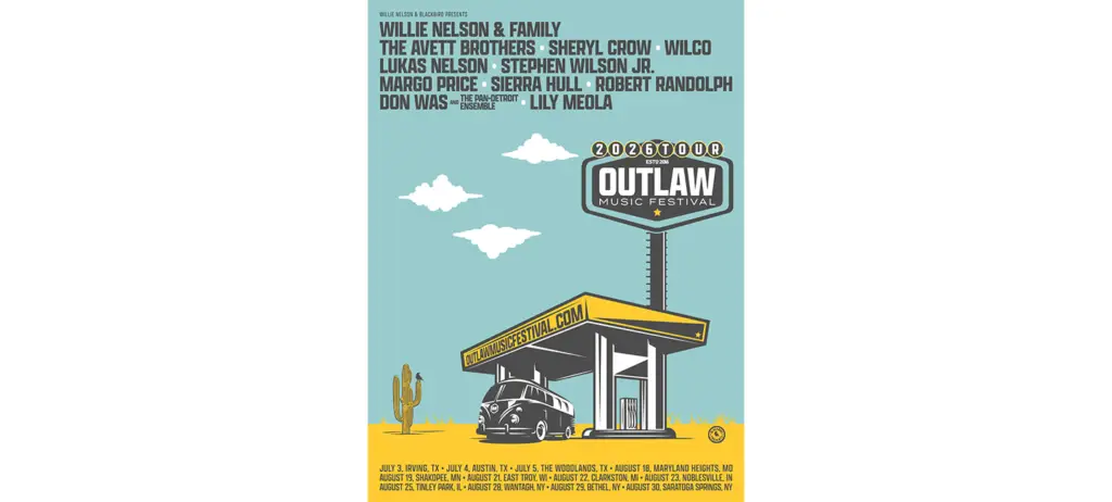 Official 2026 Outlaw Music Festival Tour poster featuring Willie Nelson and Family, The Avett Brothers, and Sheryl Crow