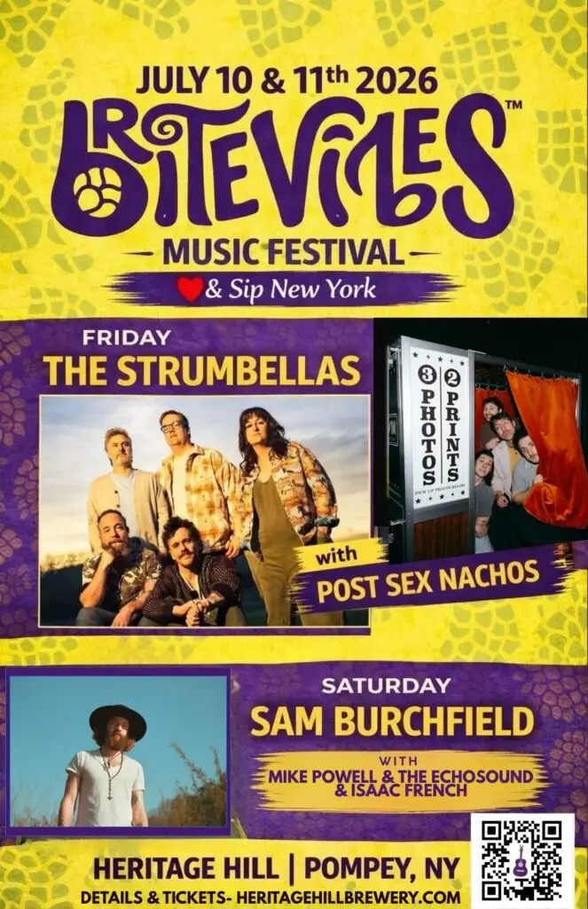 Brite Vibes Music Festival 2026 official poster — The Strumbellas and Sam Burchfield, July 10-11 at Heritage Hill, Pompey NY