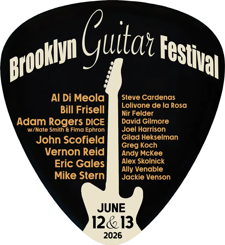 Brooklyn Guitar Festival 2026 official poster featuring Scofield, Frisell, Di Meola, Stern, and more