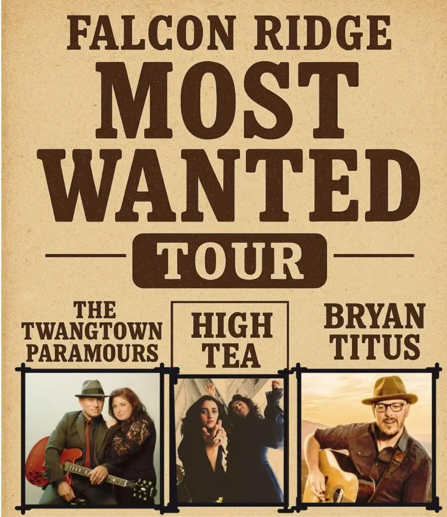 Official 2026 Falcon Ridge Folk Festival promotional poster featuring lineup and dates