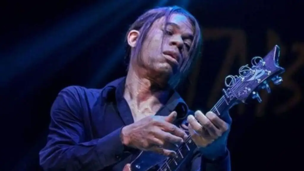 Stanley Jordan performs live, using his signature two-handed tapping technique on electric guitar