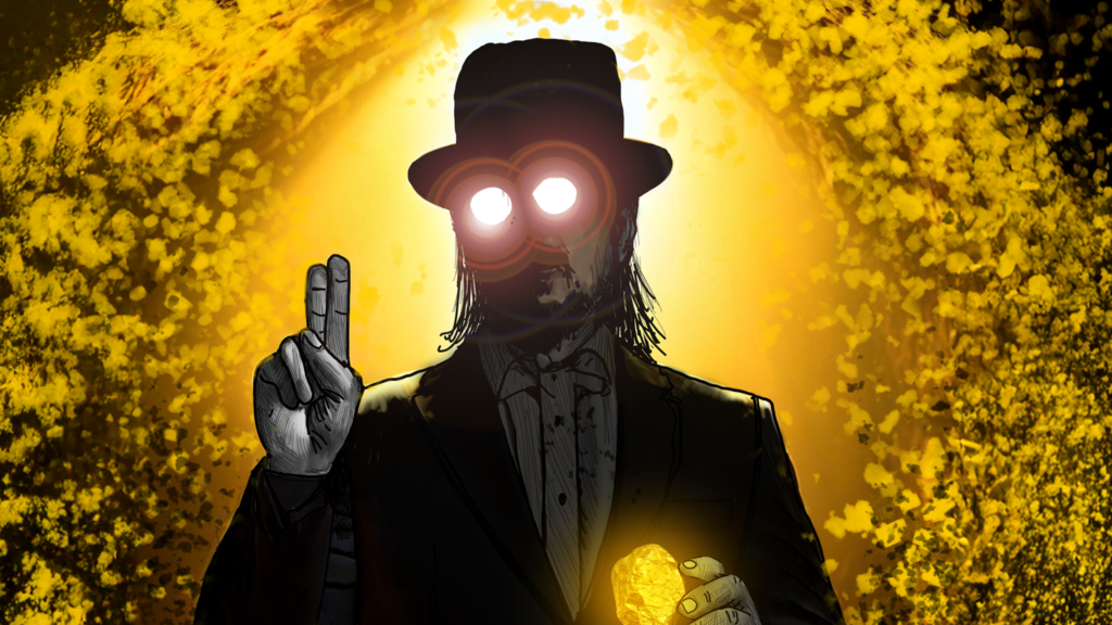 Primus Claypool Gold tour promotional artwork — suited figure with glowing eyes against golden background