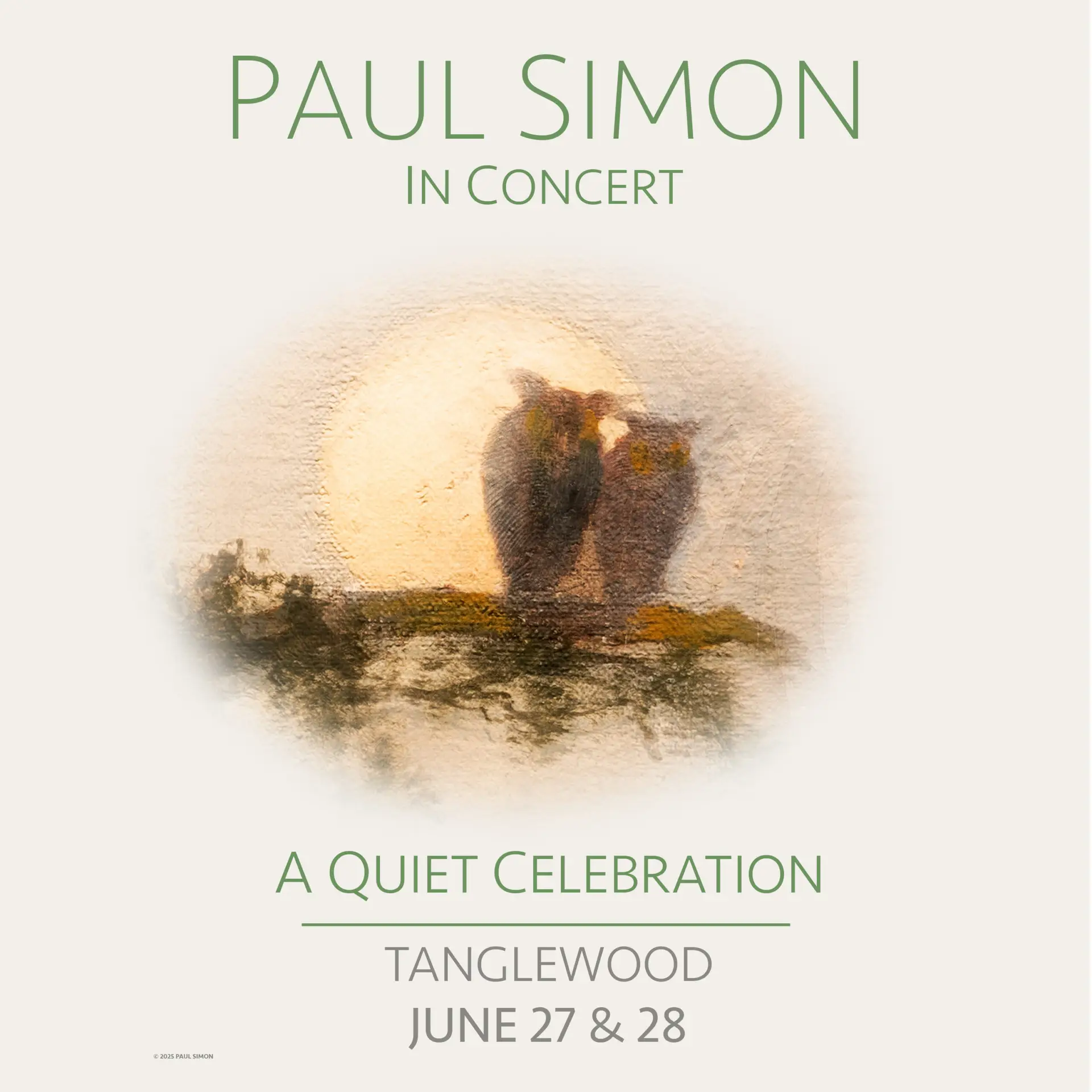 Paul Simon: A Quiet Celebration at Tanglewood, June 27 & 28, 2026 — official BSO promotional admat with painterly illustration of two owls beneath a glowing moon