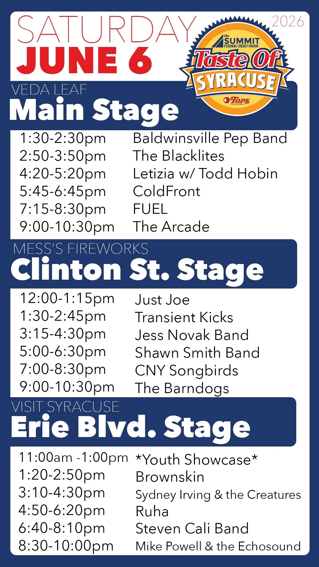 Official Taste of Syracuse 2026 Saturday lineup poster featuring headliner Fuel at Clinton Square