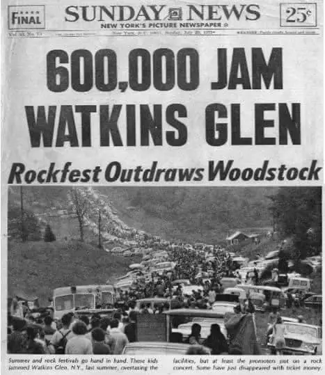Front page of the New York Sunday News dated July 29, 1973, with the headline 600,000 JAM WATKINS GLEN above a black-and-white photograph of festival traffic and crowds at the Watkins Glen Grand Prix Raceway